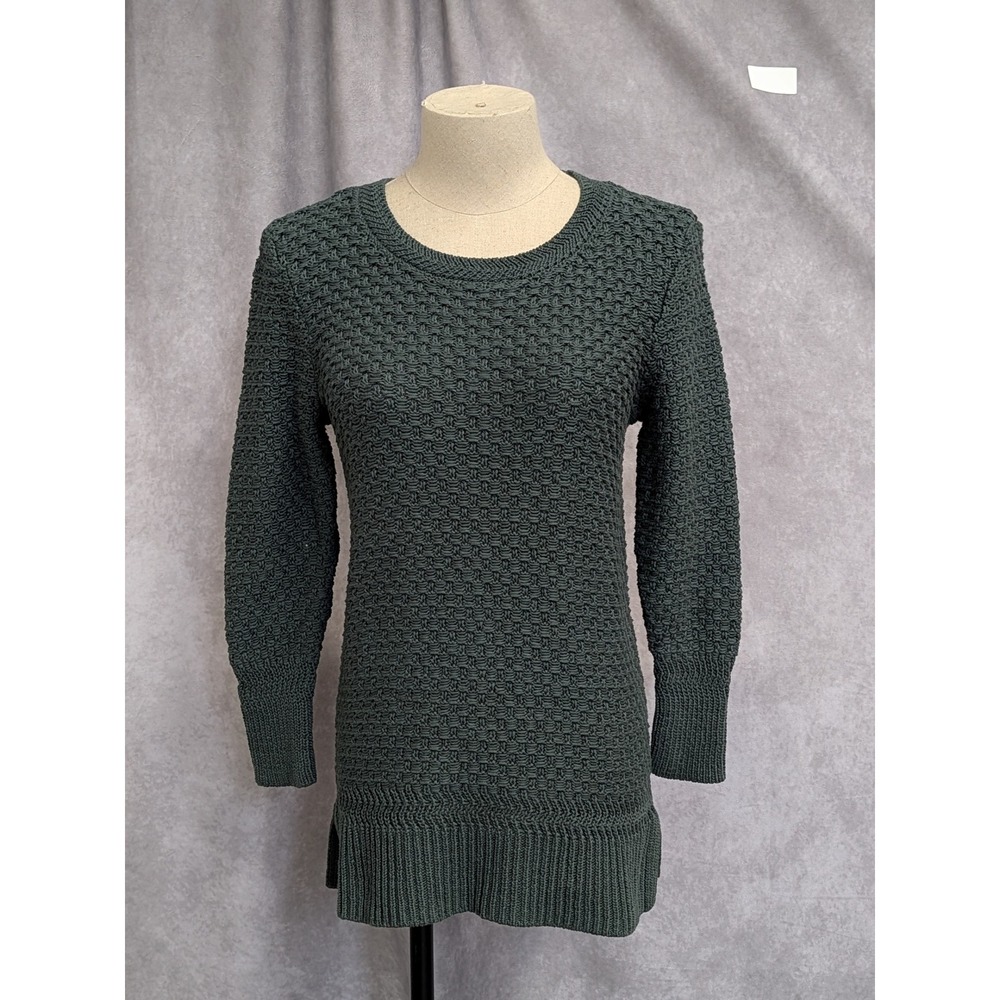 Loft Ann Taylor Forest Green Basketweave Knit Tunic Sweater Women XS C39